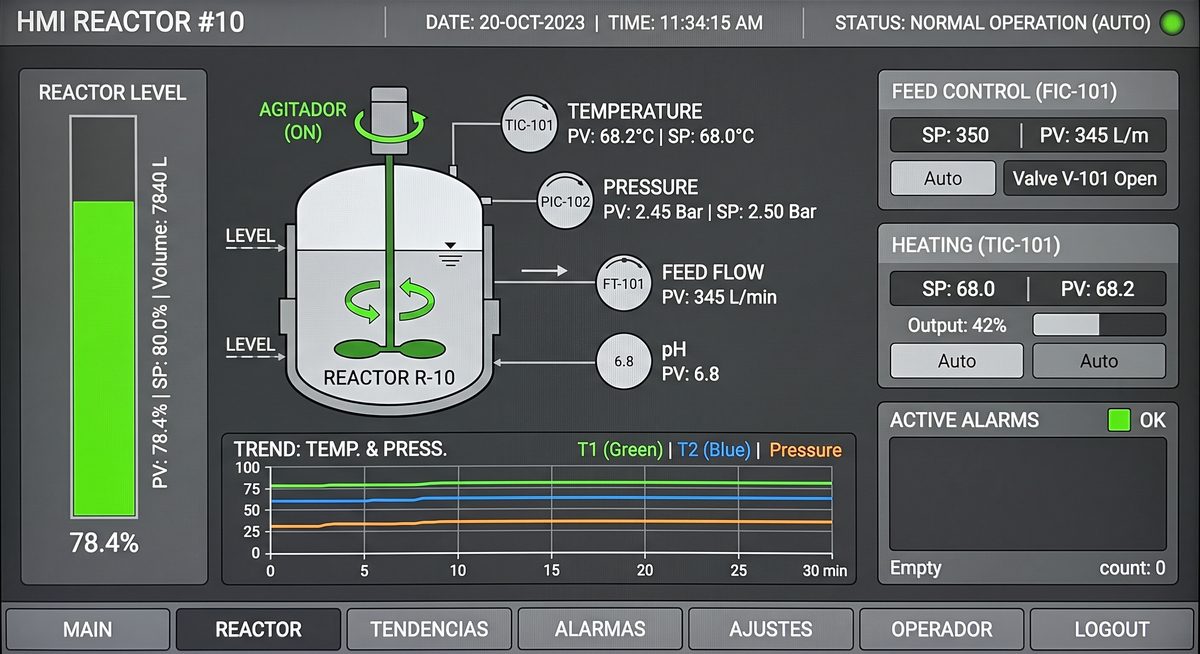 Pantalla HMI de reactor industrial